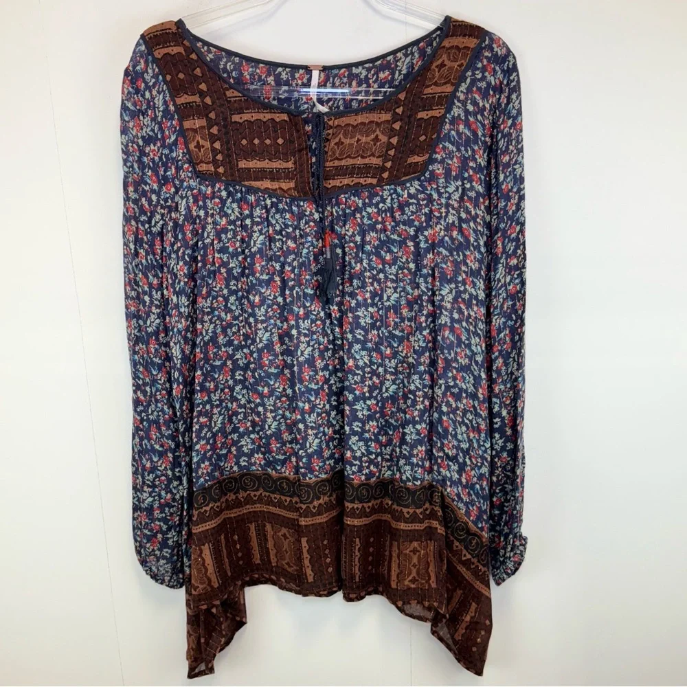 Free‎ People Dream Lovers Tunic Navy Brown Floral metallic Medium Boho Festival